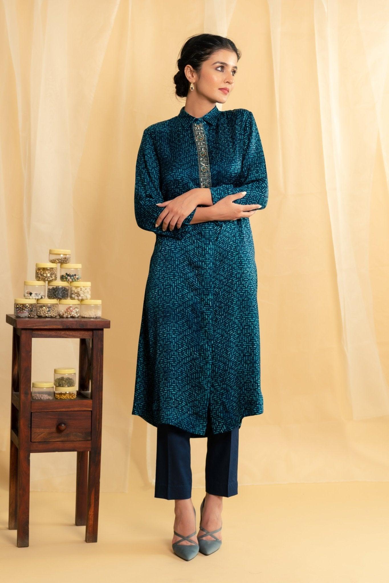 Teal blue placket embroidery modal silk long tunic with pants - Sohni