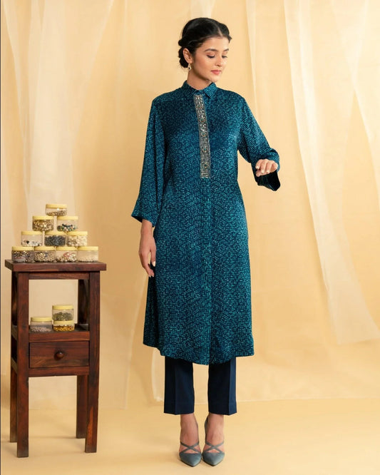 Teal blue placket embroidery modal silk long tunic with pants - Sohni