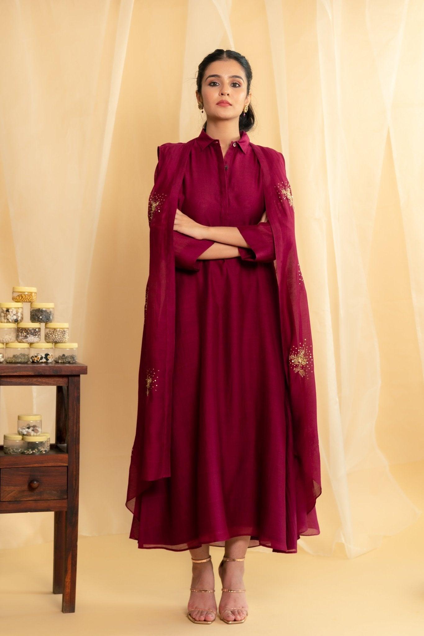 Wine chanderi dress with asymmetrical overlay jacket - Sohni
