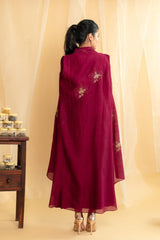 Wine chanderi dress with asymmetrical overlay jacket - Sohni