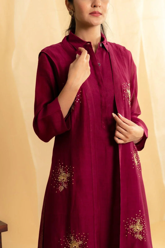Wine chanderi dress with asymmetrical overlay jacket - Sohni