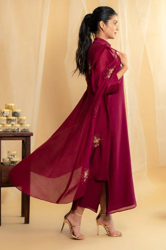 Wine chanderi dress with asymmetrical overlay jacket - Sohni