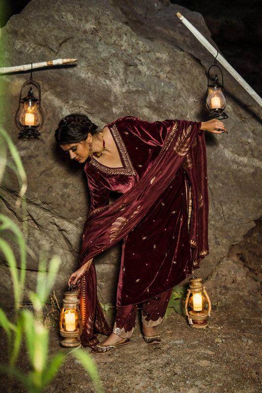 Wine velvet hand embroidered kurta and salwar with silk dupatta - Sohni