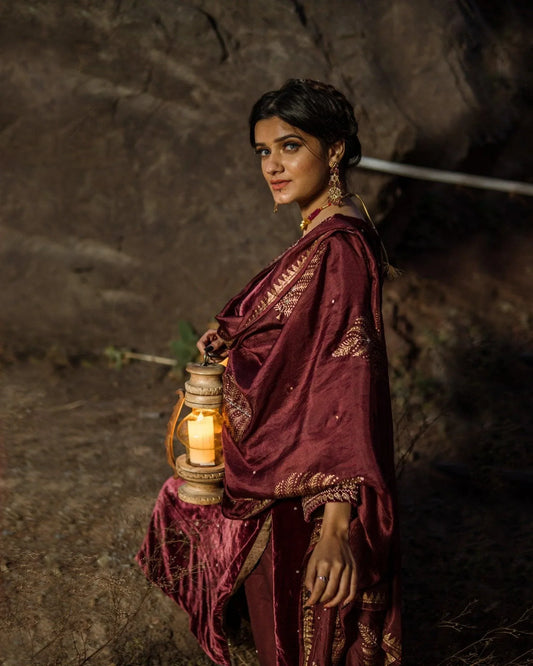 Wine velvet hand embroidered kurta and salwar with silk dupatta - Sohni