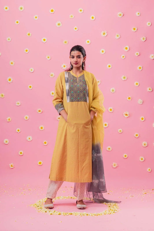 Yellow handloom cotton kurta with grey sashiko yoke - Sohni