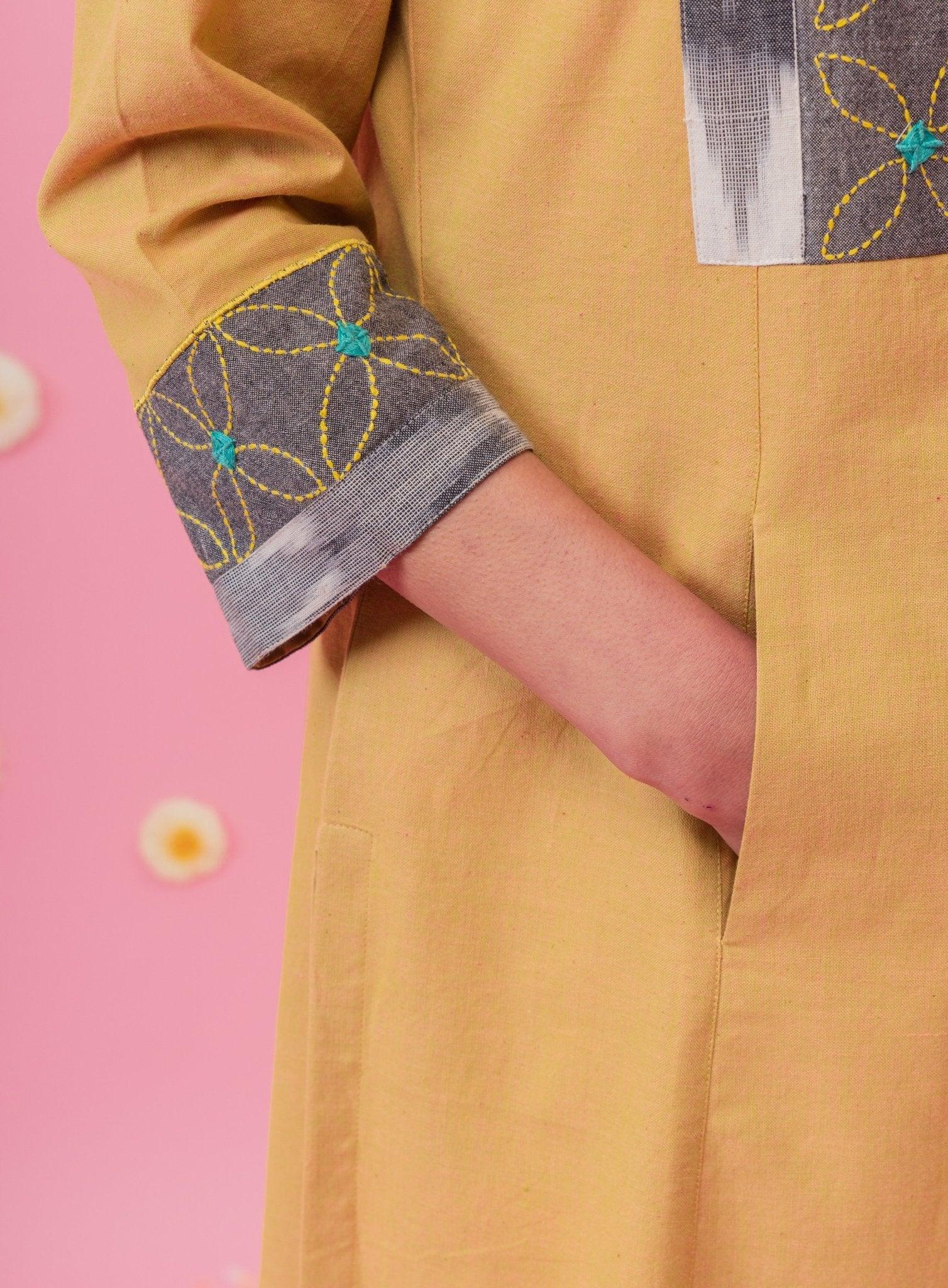 Yellow handloom cotton kurta with grey sashiko yoke - Sohni